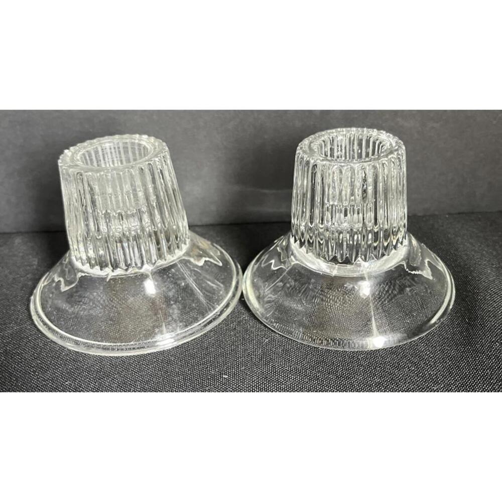Vintage Glass Candle Stick Holders Reversible Ribbed Clear Set of 2